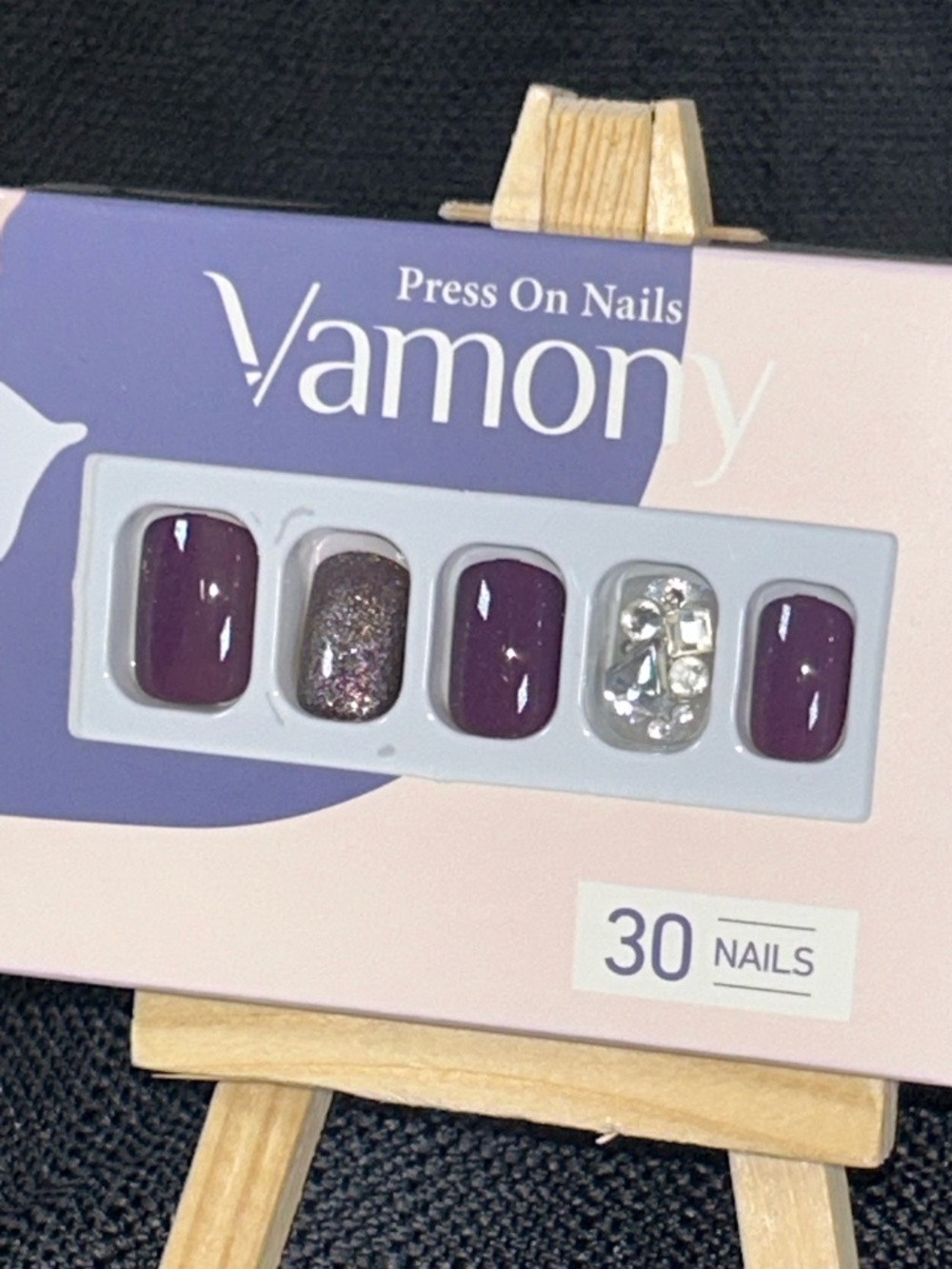 Vamony Plum Purple Press On Glitter Rhinestone Accent Nails Short Glam 30 Pcs